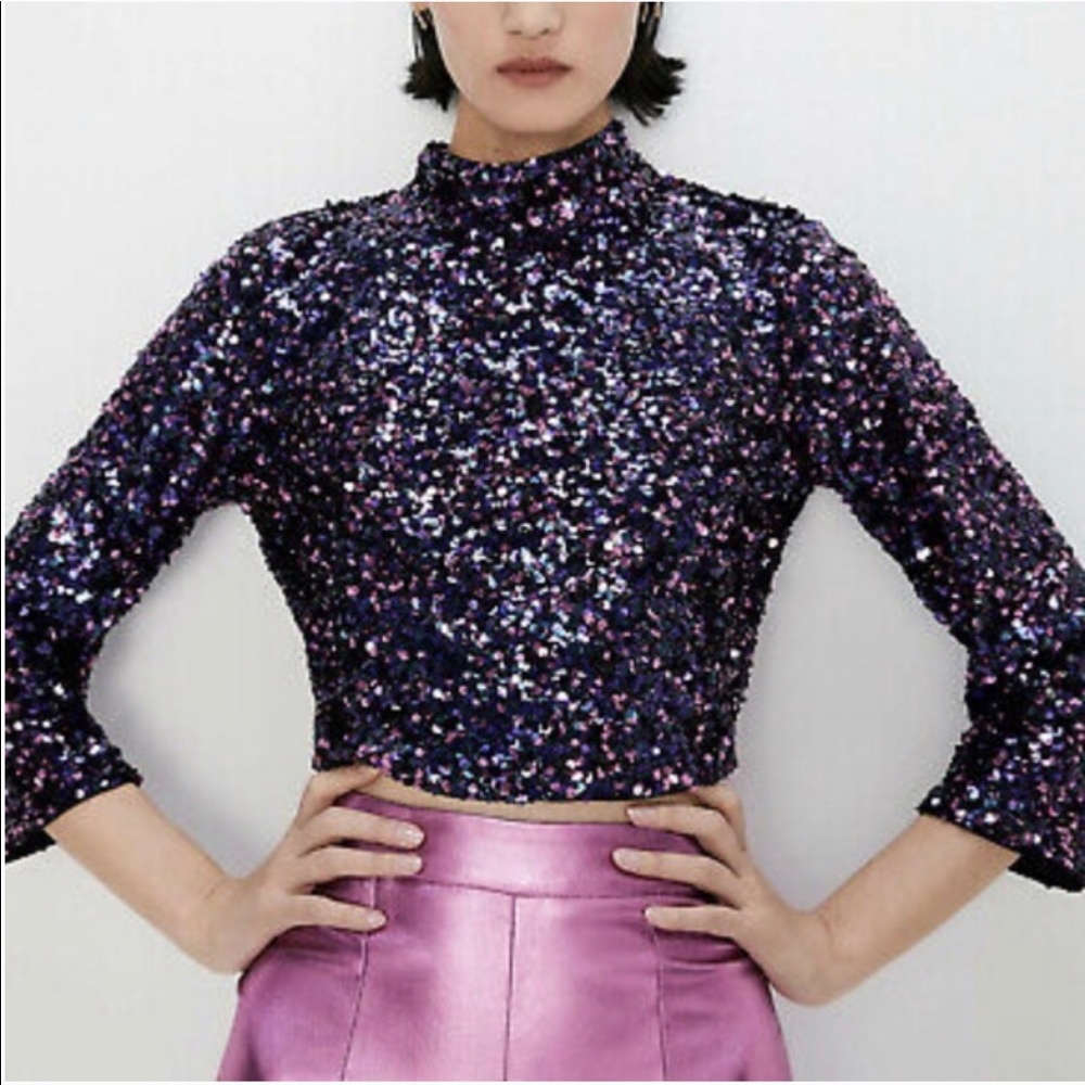 Zara Purple Sequin Mock Neck Top NWT
